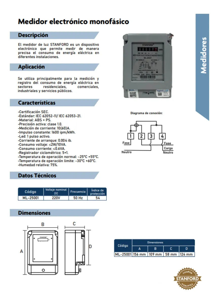 Medidor De Energía Stanford Ml-25001 Monofásico Para Hogar Y Comercio